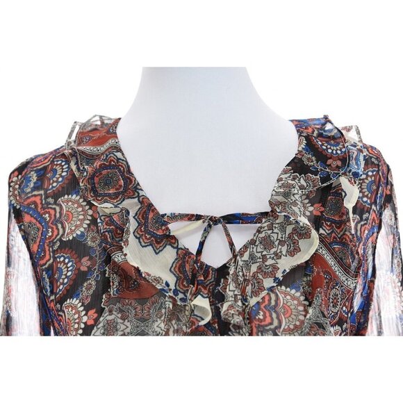 Socialite Sz S Ruffle Front Sheer Colorful Peasant Tunic Top Blouse Womens - Picture 4 of 8